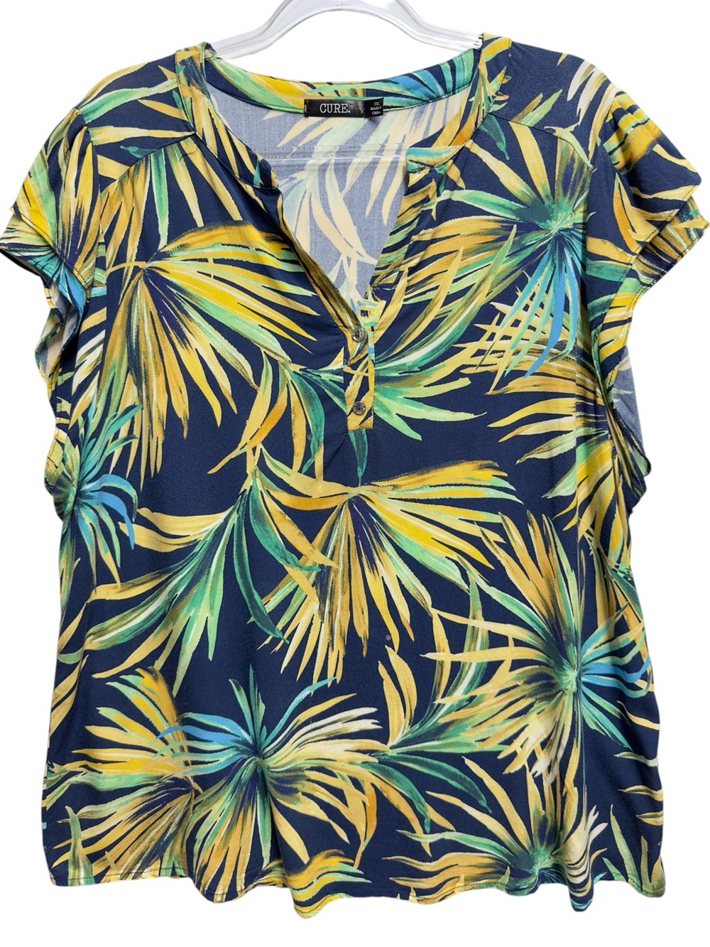 Pure Rayon Knit Chambray Hawaiian Tropical Palm Tree Branches Leaf Blouse Top